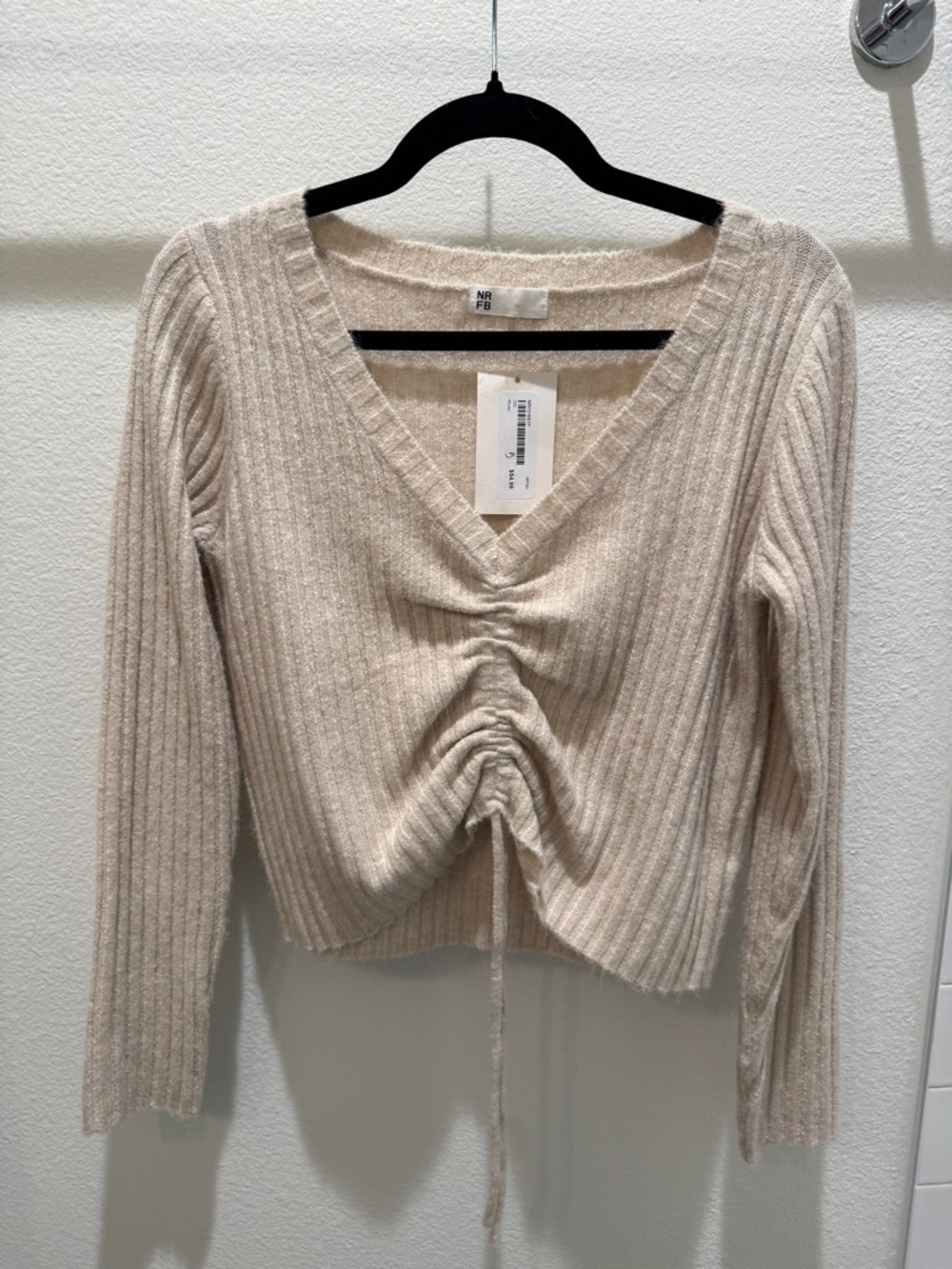 Cream Ribbed V-Neck Ruched Sweater - NWT